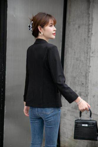 【新款现货】秋季亮丝条纹黑色气质小西装，女装西装，水锦红