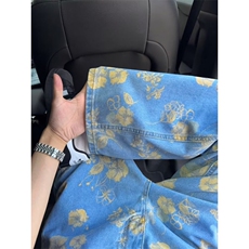 复古印花设计牛仔裤女夏日浪漫黄碎花阔腿裤显瘦高腰直筒拖地长裤，男装牛仔裤，星座506A