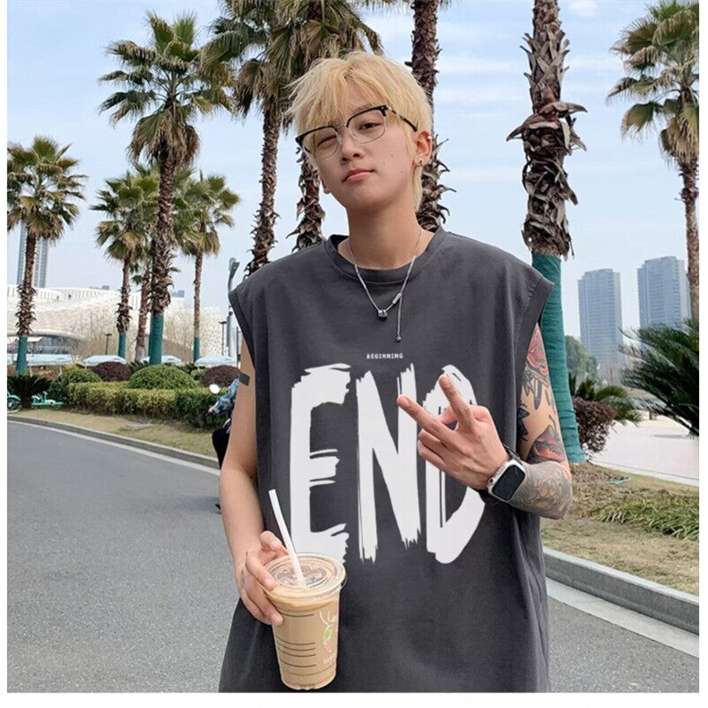 港风纯棉百搭无袖背心士潮牌运动休闲坎肩宽松t恤上衣X35-P25网图,女装T恤,电商B245