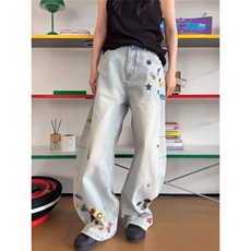 美式夏牛仔涂鸦裤子男春秋季青年设计感束脚休闲长裤AME491P58，男装休闲裤，星座1013-5