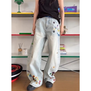 美式夏牛仔涂鸦裤子男春秋季青年设计感束脚休闲长裤AME491 P58图片