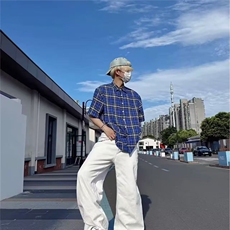 蓝格子衬衫男高级感痞帅短袖薄款美式复古设计感上衣CSA53-P35，男装T恤，星座208-5