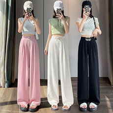 新中式风阔腿裤女夏薄款西装休闲裤高腰直筒拖地长裤子，女装休闲裤，梦白服饰厂