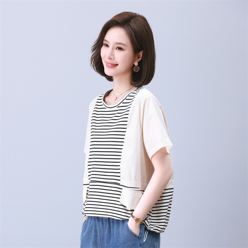 时尚宽松拼接条纹短袖T恤女夏季新款韩版百搭显瘦休闲上衣,女装衬衫,叶笙衣