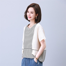 时尚宽松拼接条纹短袖T恤女夏季新款韩版百搭显瘦休闲上衣，女装衬衫，叶笙衣