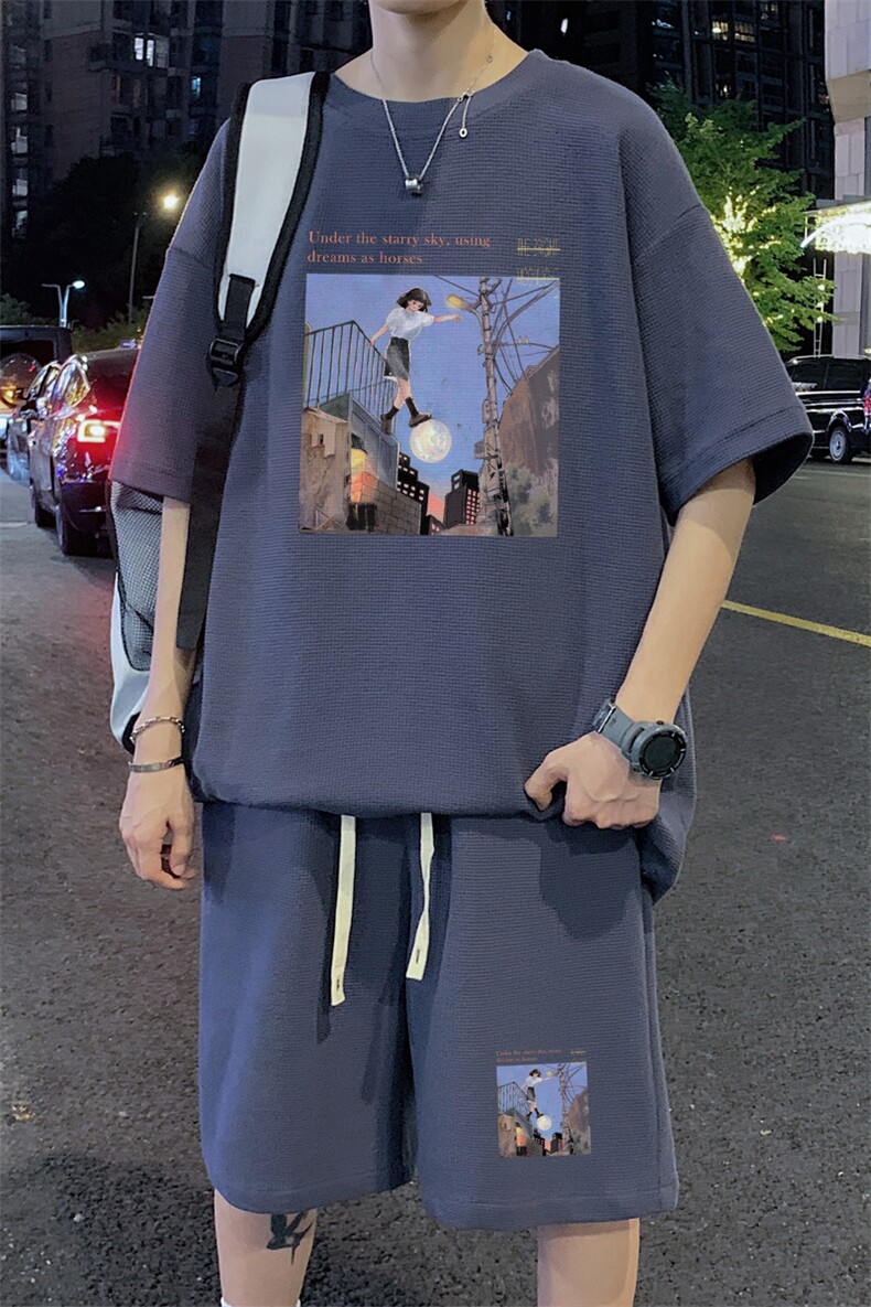 ！2025夏季新款男士华夫格短袖T恤套装学生一套HTZ86P50,男装T恤,电商B220