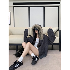 网图美式复古条纹毛领连帽卫衣外套女秋季休闲宽松开衫上衣特P79，女装短外套，电商C306-1