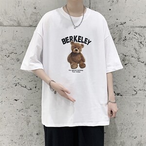 韩系简约小熊印花短袖T恤帅气大码宽松男潮517A-1-T915-P28控38图片