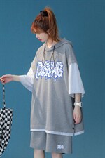 中性夏季青春时尚短袖运动风假两件连帽T恤套装TZ702P85控108，男装休闲套装，A247A