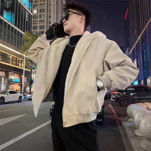 AY131/P158控208冬季社会小伙百搭加绒重磅连帽座山雕外套男白首图片