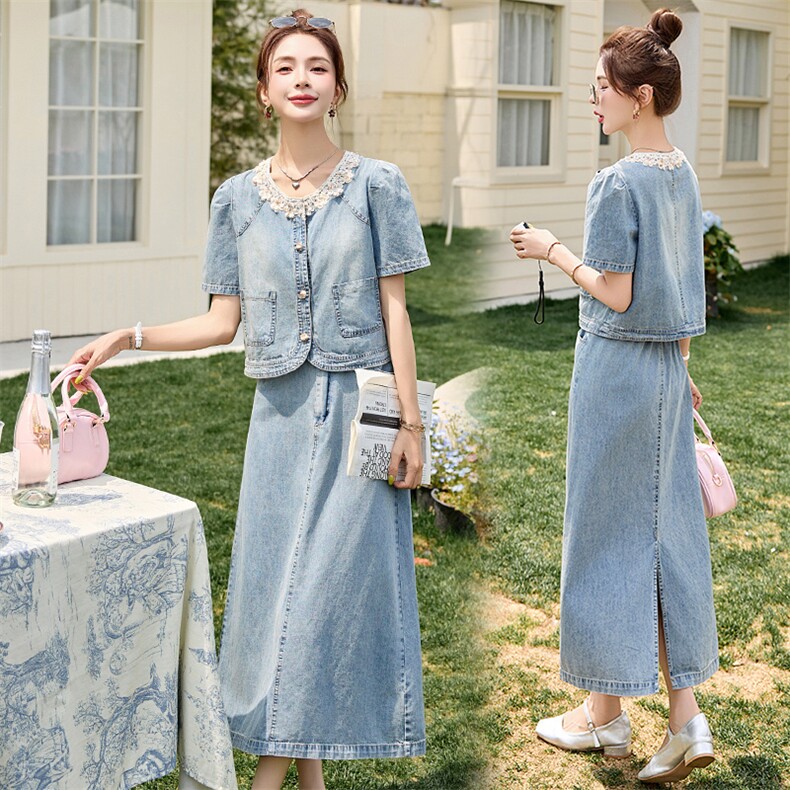 现货可推2025夏季新款小香风时尚甜美拼接牛仔套装两件套,商品下架区,然然