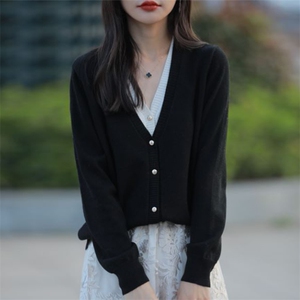 V领单排扣开衫2024年秋季长袖纯色时尚针织衫图片