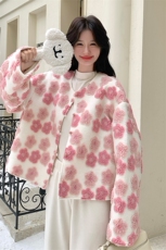 粉色花朵羊羔毛外套女2025冬季新款超好看爆款减龄小个子短款上衣，女装短外套，2C007
