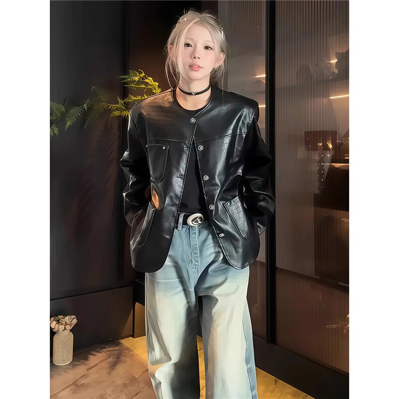 鳄鱼皮纹小香风皮衣外套男女款秋季穿搭pu皮夹克美式正肩无领外套,男装夹克,星座1210-1
