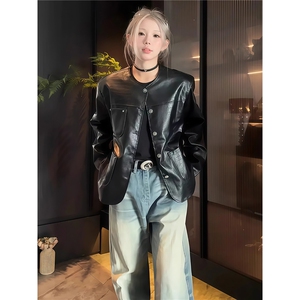 鳄鱼皮纹小香风皮衣外套男女款秋季穿搭pu皮夹克美式正肩无领外套图片
