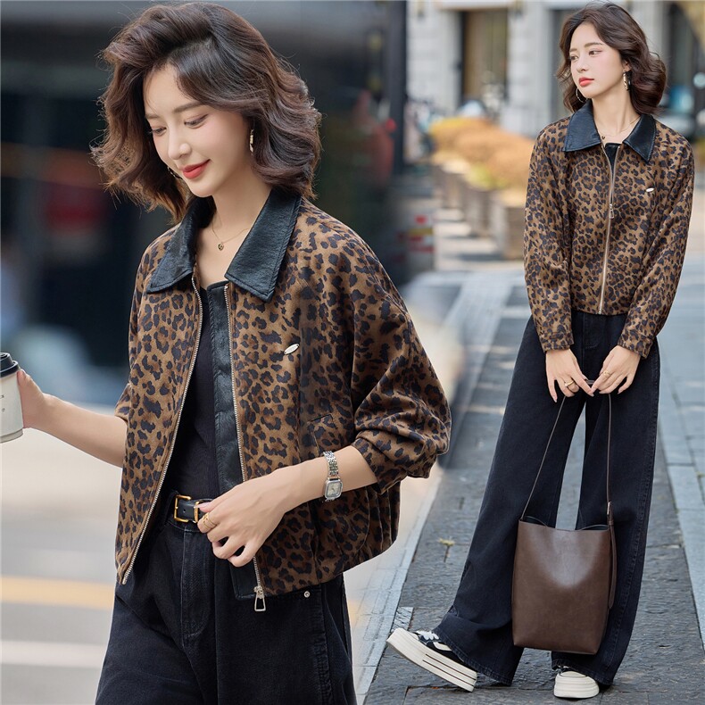 2025秋装新款时尚豹纹麂皮绒外套，女装皮衣，依路服饰
