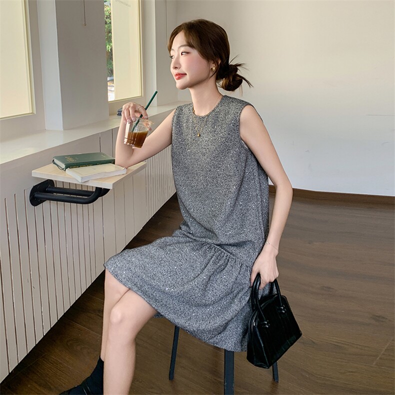 复古小香风无袖连衣裙女2025夏季新款韩版减龄灰色显瘦减龄短裙子图片