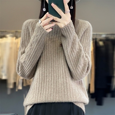 23新款秋冬100%羊绒衫女高领坑条宽松百搭套头毛衣羊毛针织打底衫，女装羊毛衫，昭美羊绒
