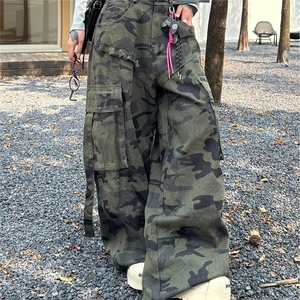 美式复古褶皱多口袋水洗迷彩工装裤潮男女堆积感阔腿裤AM7053 P68图片