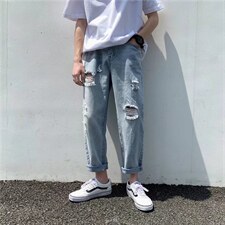 破洞牛仔裤男潮流日系复古韩版潮牌直筒宽松九分裤N0364-P35，男装牛仔裤，星座308B-2