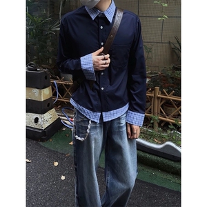 美式复古学院风藏蓝色格子拼接假两件衬衫男长袖衬衣cleanfit外套
