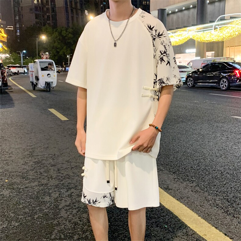 2025夏季新风冰丝垂感拼色T恤宽松休闲五分套装男TZ622P69控118,男装T恤,电商C305A