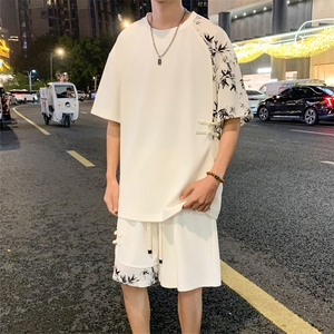 2025夏季新风冰丝垂感拼色T恤宽松休闲五分套装男TZ622P69控118图片