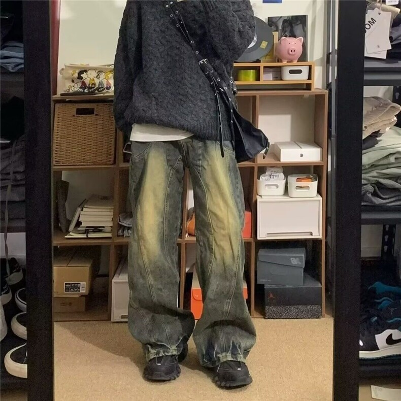 美式高街宽松水洗黄泥色牛仔裤男潮牌复古vibe设计款潮 -N807-P55图片
