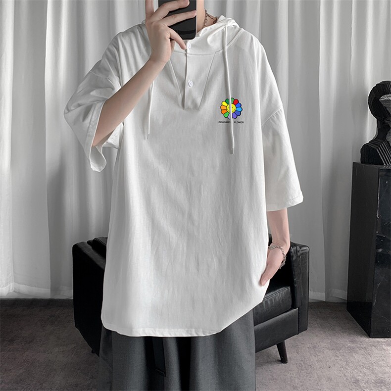 LD54101-P45 连帽短袖t恤男大码胖子带帽五分袖中袖图片