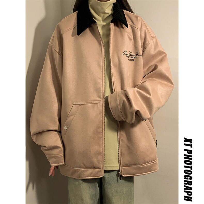 麂皮刺绣撞色翻领小外套男女同款中性夹克JK002-P75108,男装夹克,电商A132（原电商B245）