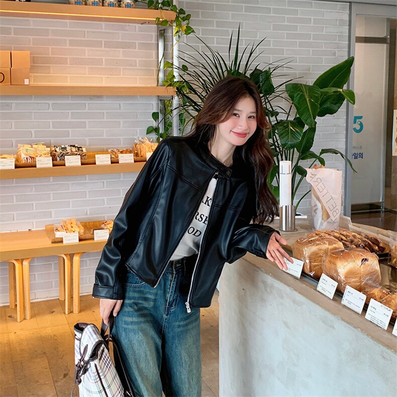 黑色复古皮衣外套女2025年秋季新款韩版小个子又酷又飒机车风夹克,女装皮衣,幸运星