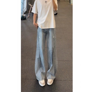 【现货】美式泼墨弯刀牛仔裤裂痕水洗长裤阔腿长裤 F2124 P39图片