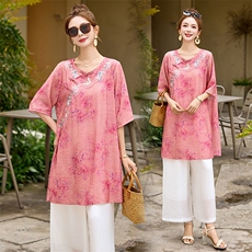 新中式国风印花棉麻套装女2025夏季新款时尚减龄休闲阔腿裤两件套，女装套装/套裙，魅影