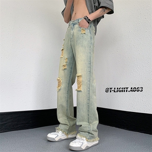 2023夏季美式高街破洞毛边小众弹力牛仔裤货号K723P65图片
