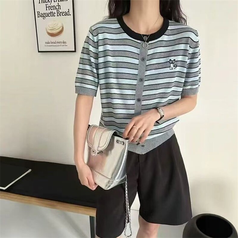 6羊毛条纹小猫咪绣开衫，女装针织衫/毛衣，天佑贝依