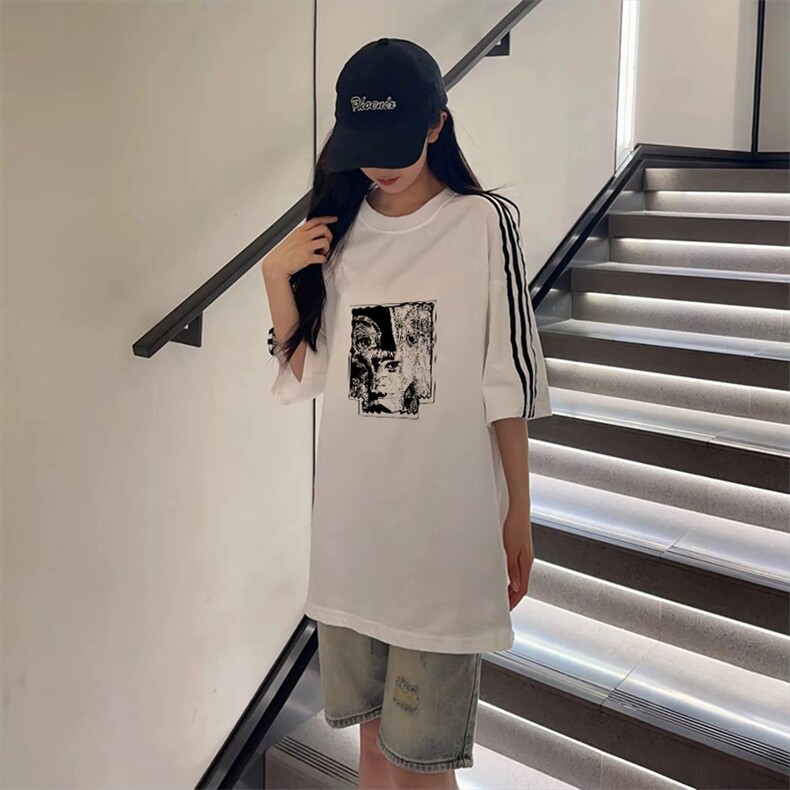 抖音得物高品质二开240克宽松纯棉美式潮牌三条杠织带短袖T恤,男装T恤,电商A486-1