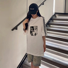 抖音得物高品质二开240克宽松纯棉美式潮牌三条杠织带短袖T恤，男装T恤，电商A486-1