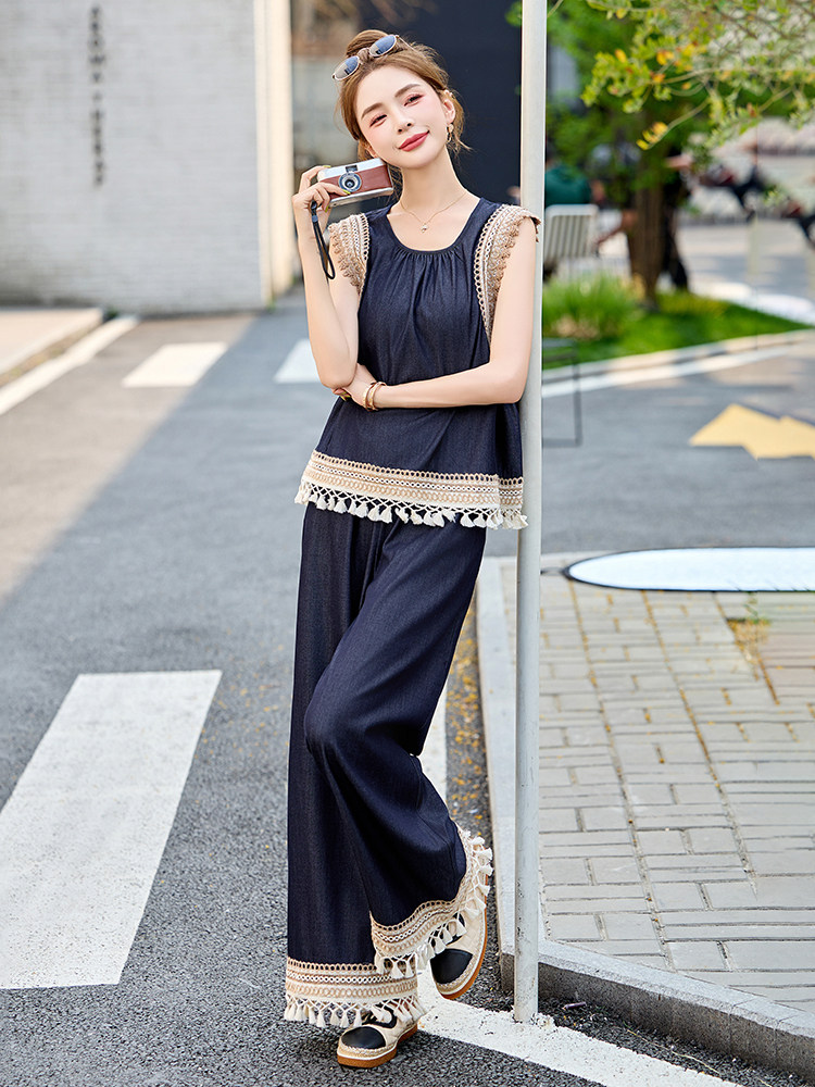 度假风蕾丝钩花拼接套装女2025夏季新款洋气无袖背心阔腿裤两件套,女装套装/套裙,布芭啦