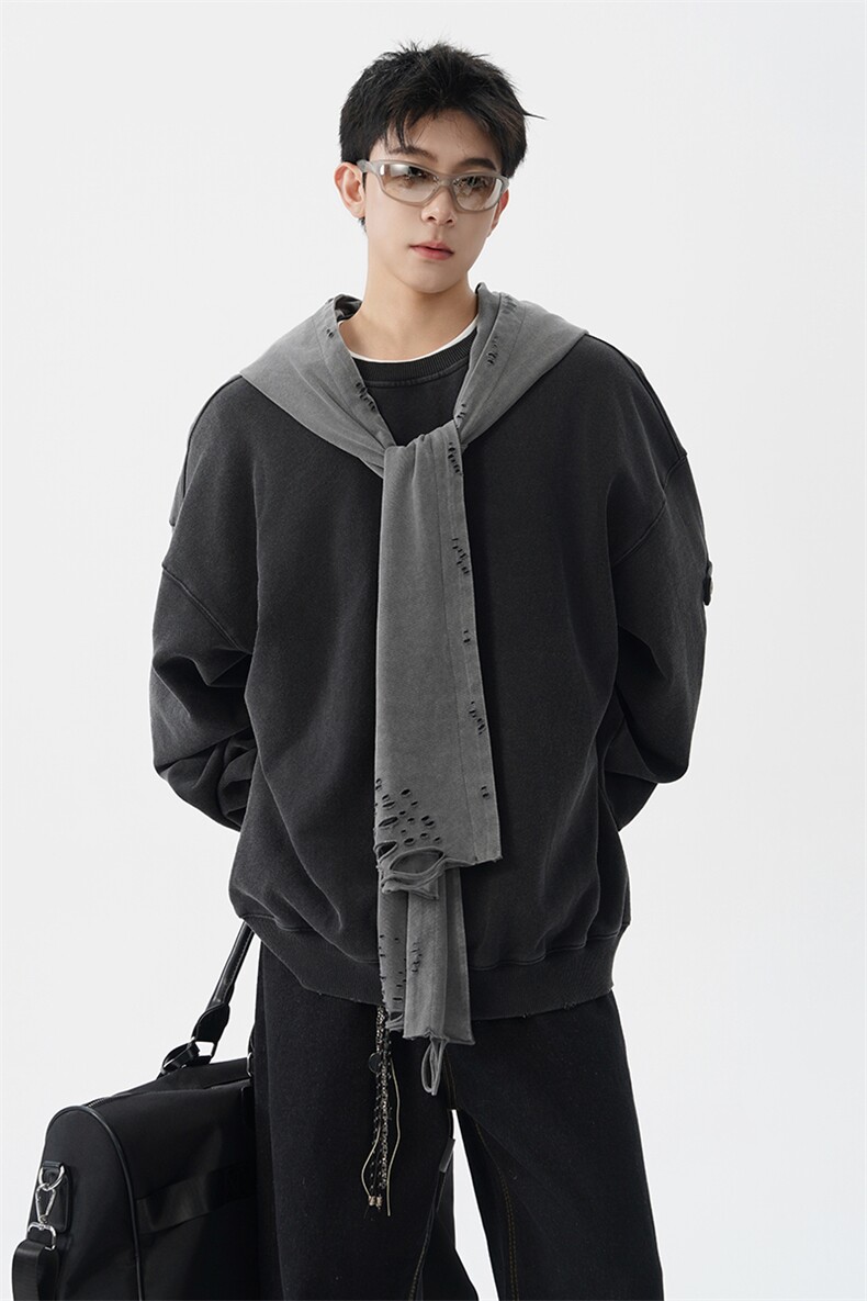 8XL-M高品质美式雕刻可拆卸破洞帽洗水深灰多穿法圆领卫衣WY28P88,男装卫衣,电商D206-1