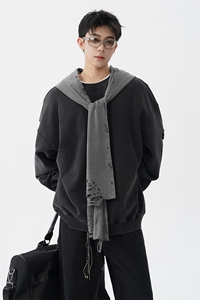8XL-M高品质美式雕刻可拆卸破洞帽洗水深灰多穿法圆领卫衣WY28P88图片