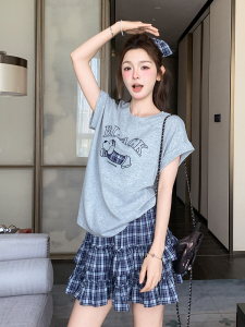 盐甜系卡通印花T恤格子半身裙两件套女2025夏新款韩版休闲小个子图片
