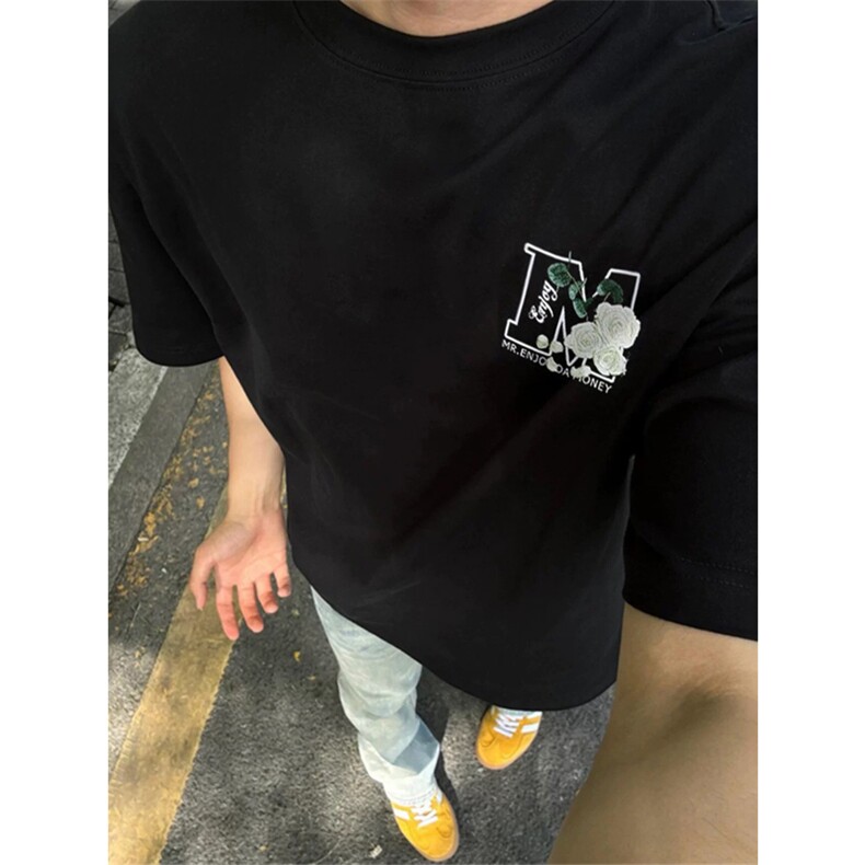 网图有货夏季大M玫瑰花卉刺绣短袖T恤男女情侣纯棉上衣A572-P35，男装T恤，星座1505