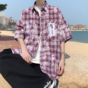 衬衫男港风宽松格子短袖衬衣夏季潮流痞帅休闲半袖外套CS099-P40图片