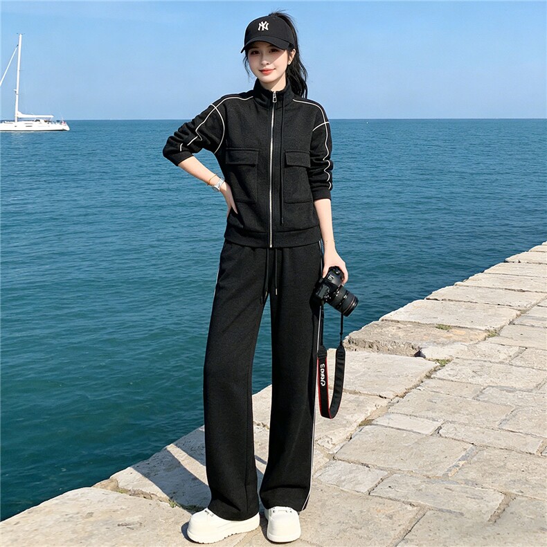 欧货时尚休闲运动套装秋季新款女双口袋立领卫衣直筒长裤两件套潮,女装套装/套裙,江南