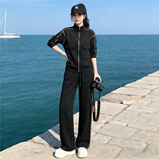 欧货时尚休闲运动套装秋季新款女双口袋立领卫衣直筒长裤两件套潮，女装套装/套裙，江南