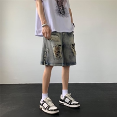 破洞五分牛仔短裤男韩版破洞宽松夏季薄款休闲中裤复古80511-p40，男装牛仔裤，星座1008