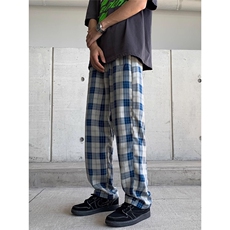 CT21-P30美式复古蓝色格子裤子男春秋季潮牌垂感休闲阔腿裤，男装休闲裤，电商B323A