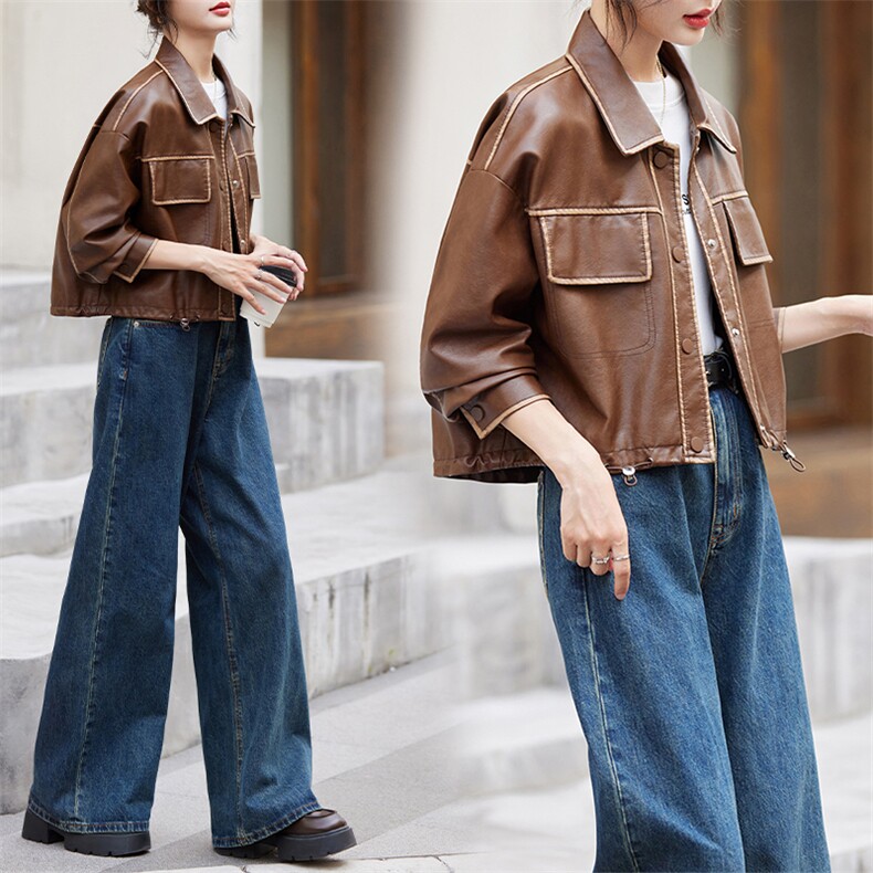 短款皮衣外套女2024秋季新款宽松休闲美式复古美拉德机车夹克上衣，女装皮衣，跑量工厂店