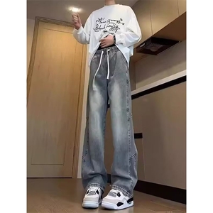 复古水洗高街做旧美式百搭牛仔裤男春季宽松阔腿裤直筒休闲长裤子图片