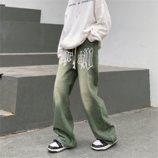 X123-P60复古水洗牛仔裤男女发泡宽松阔腿直筒休闲长裤，男装牛仔裤，星座911